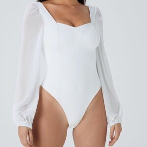 SoftlyZero Airy Sweetheart Neck Contrast Mesh Bishop Sleeve Cool Touch Bodysuit